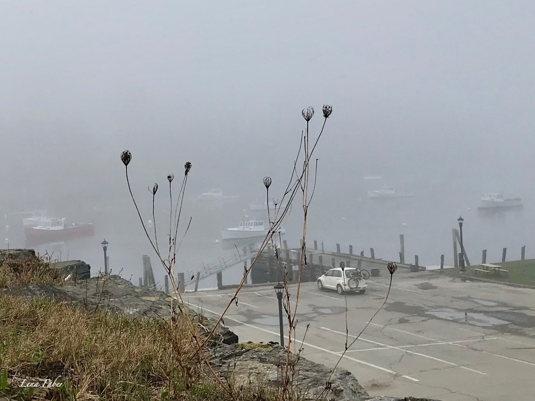 White PT Cruiser art Rockport Harbor ME